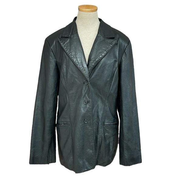 BCBGMAXAZRIA Jacket Women's 12 Black Leather Collar Buttons Pockets Blazer - Picture 1 of 17